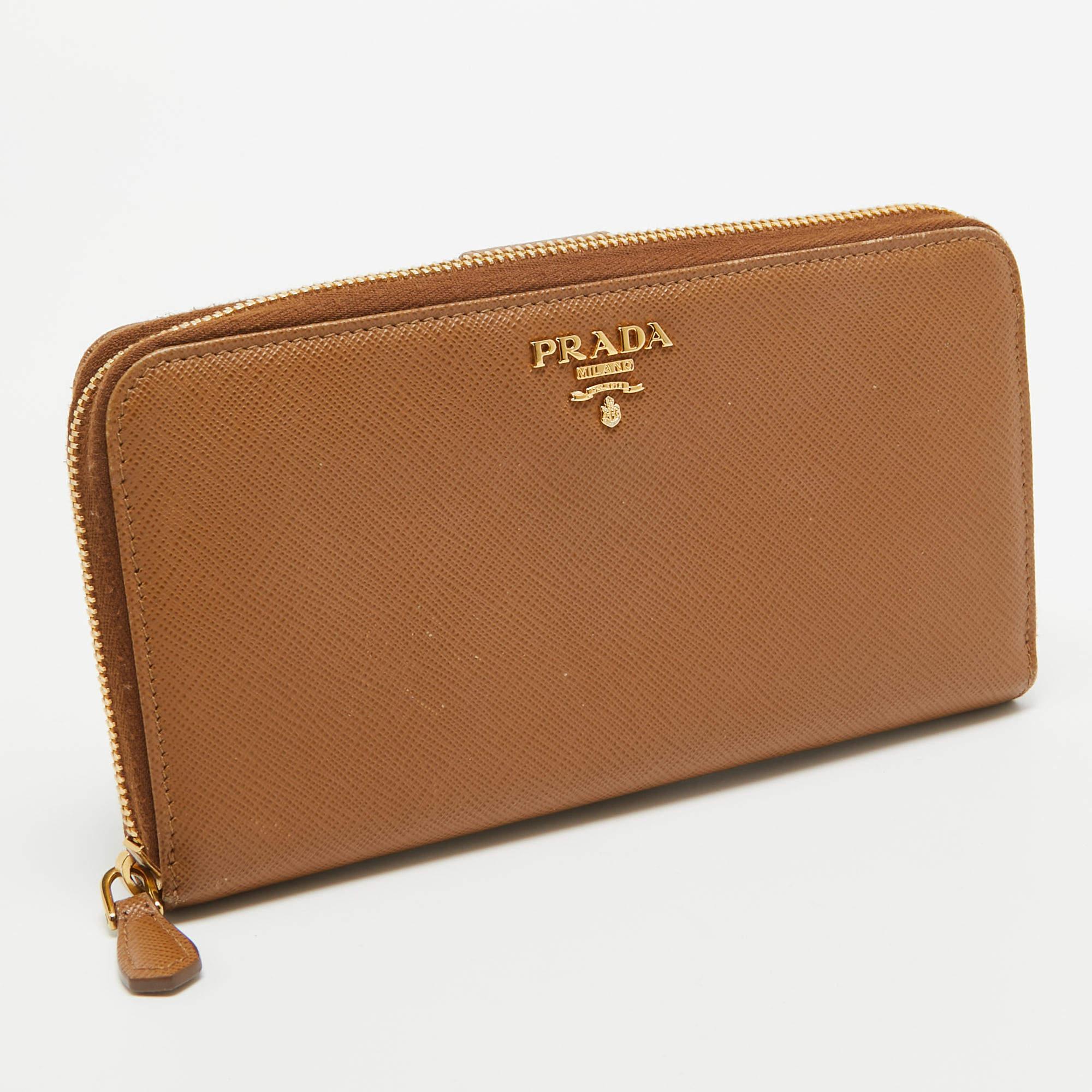 Prada Brown Saffiano Leather Zip Around Long Wallet 5