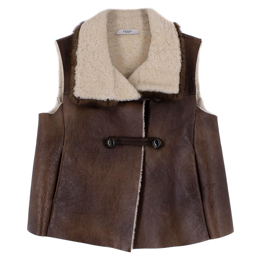 Prada Brown Shearling Lined Leather Gilet with Mink Fur Trim - Size US 2 In New Condition For Sale In London, GB