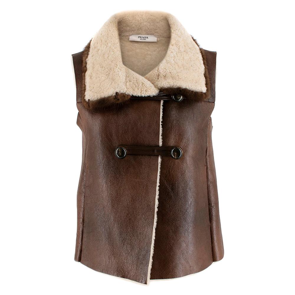 Prada Brown Shearling Lined Leather Gilet with Mink Fur Trim - Size US 2 For Sale