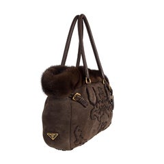 PRADA brown SHEARLING MINK TRIM Tote Bag