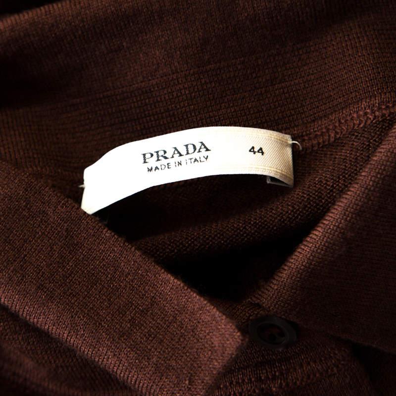 Prada Brown Silk and Wool Rib Knit Leather Patch Detail Polo T- Shirt M For Sale 1