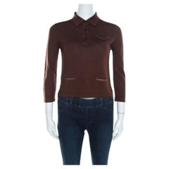 Prada Brown Seide und Wolle Rippenstrick Leder Patch Detail Polo T- Shirt M