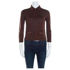 Prada Brown Seide und Wolle Rippenstrick Leder Patch Detail Polo T- Shirt M