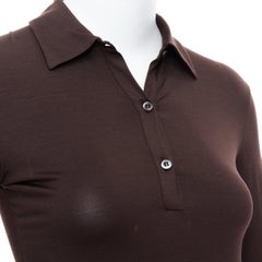 PRADA brown silk blend 2 button front fitted long sleeve polo shirt XS