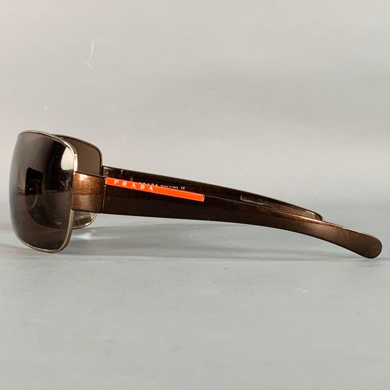PRADA Brown Silver Acetate Shield Wrap Around Sunglasses at  display picture 1