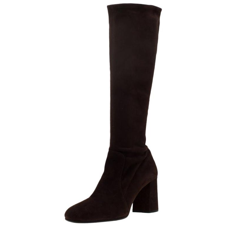 Prada Brown Suede Block Heel Knee Length Boots Size 39 For Sale at 1stDibs