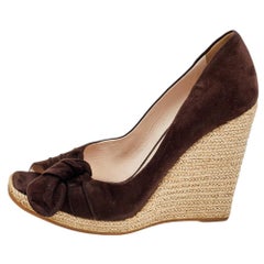 Prada Brown Suede Bow Wedge Espadrille Pumps Size 37.5
