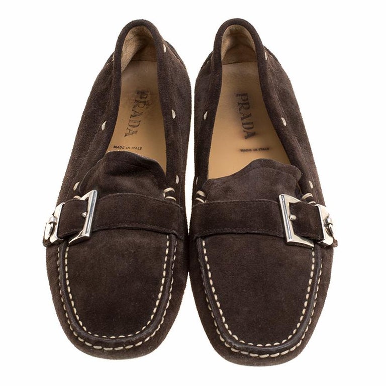 Prada Brown Suede Buckle Loafers Size 37.5 For Sale at 1stDibs