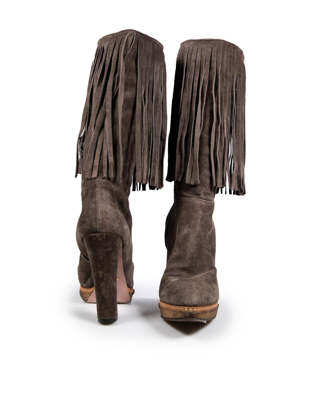 Black Prada Brown Suede Fringe Boots Size IT 38 For Sale