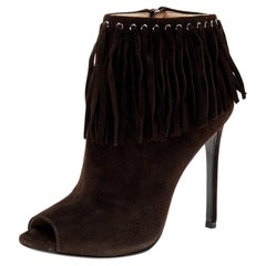 Prada Brown Suede Fringe Detail Peep Toe Ankle Boots Size 37