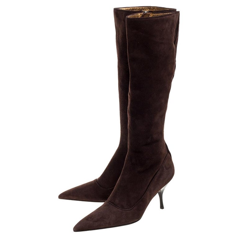 Prada Brown Suede Knee Boots Size 38 For Sale at 1stDibs