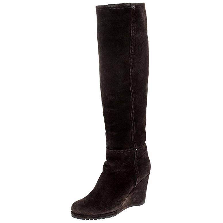 Prada Brown Suede Knee Length Wedge Boots Size 37.5