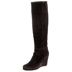 Prada Brown Suede Knee Length Wedge Boots Size 37.5