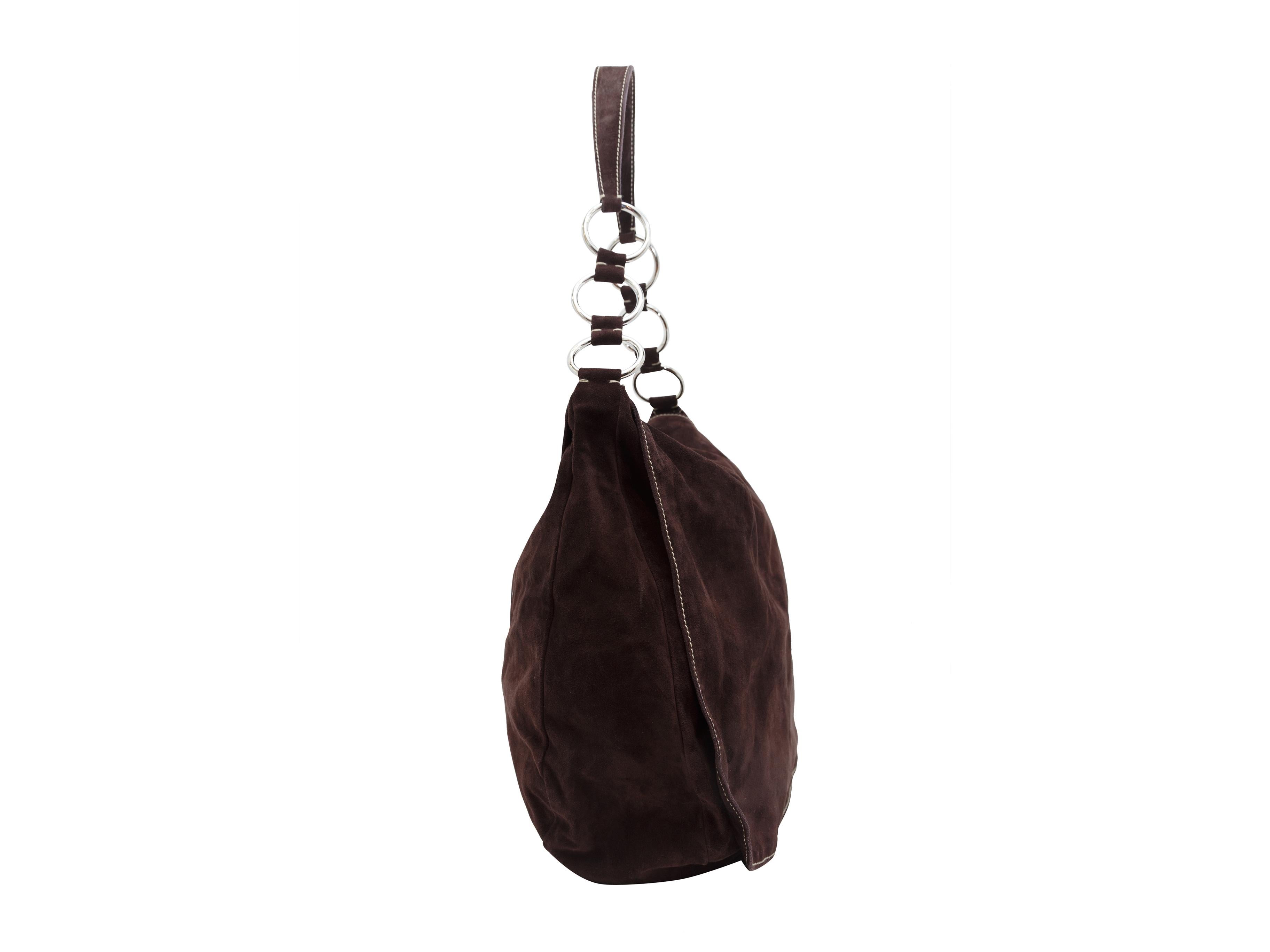 Product details: Brown Prada Suede Large Flap Bags. It has a top zipper closure, interior zippered compartment, and a large foldover flap. The shoulder strap is a mix of suede and silver tone links. 14