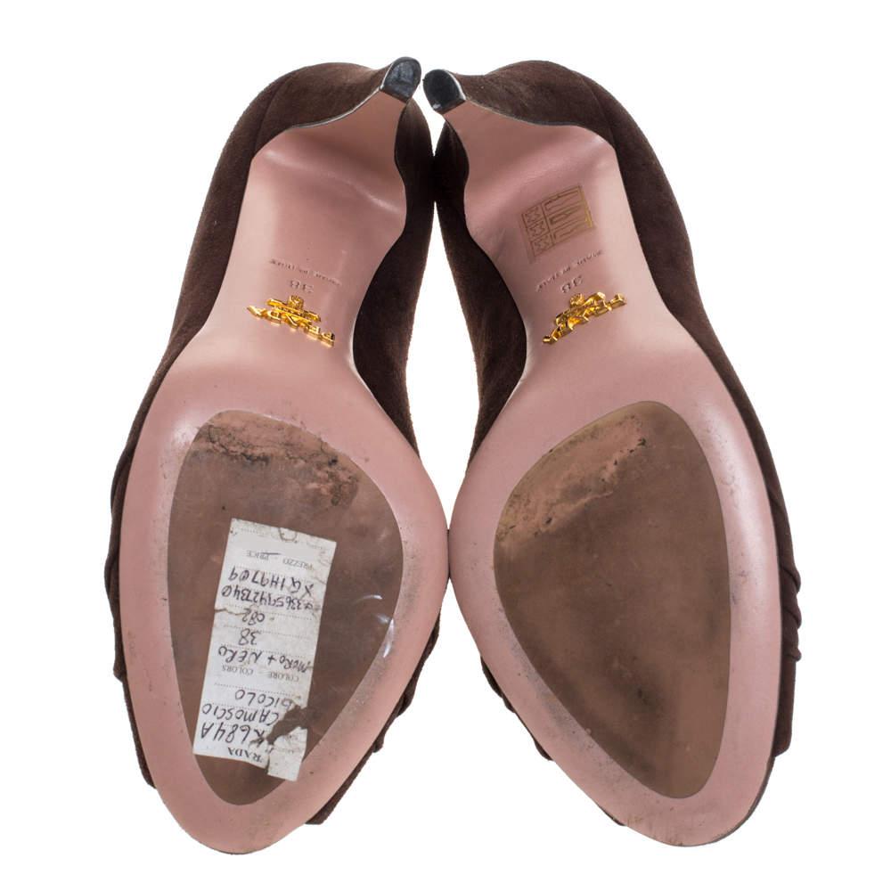 Prada Braun Wildleder Leder Blume Peep Toe Plateau Pumps Größe 38 1