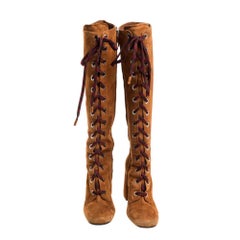 Prada Bottes en cuir daim marron à lacets et à talon bloc au genou Taille 37
