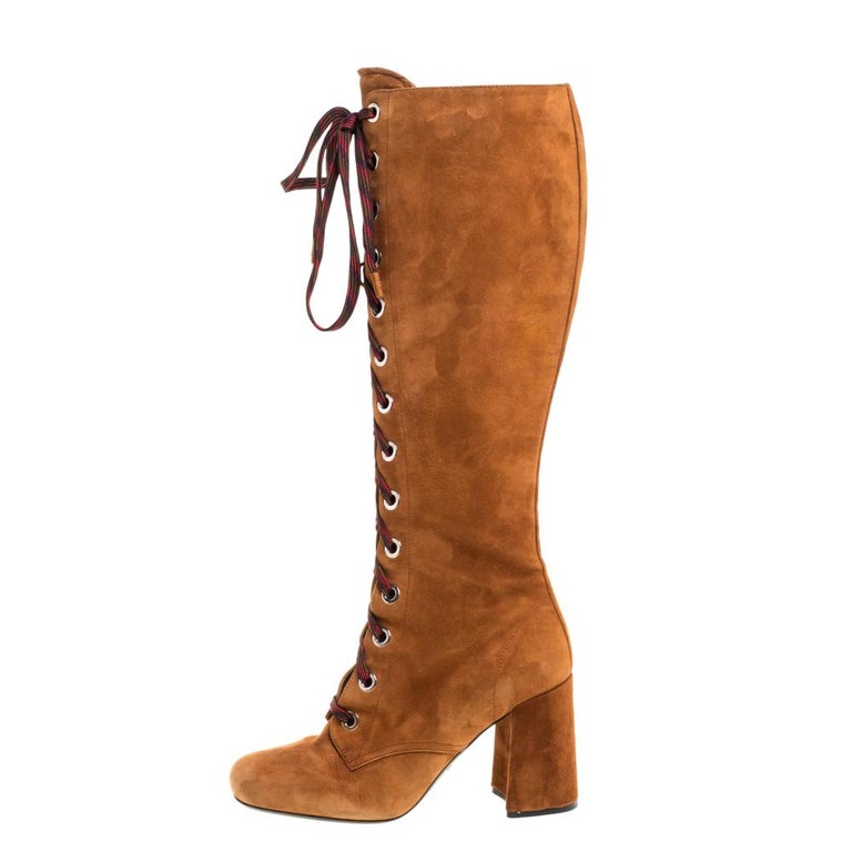 Prada Brown Suede Leather Lace Up Knee Block Heel Boots Size 37 at 1stDibs