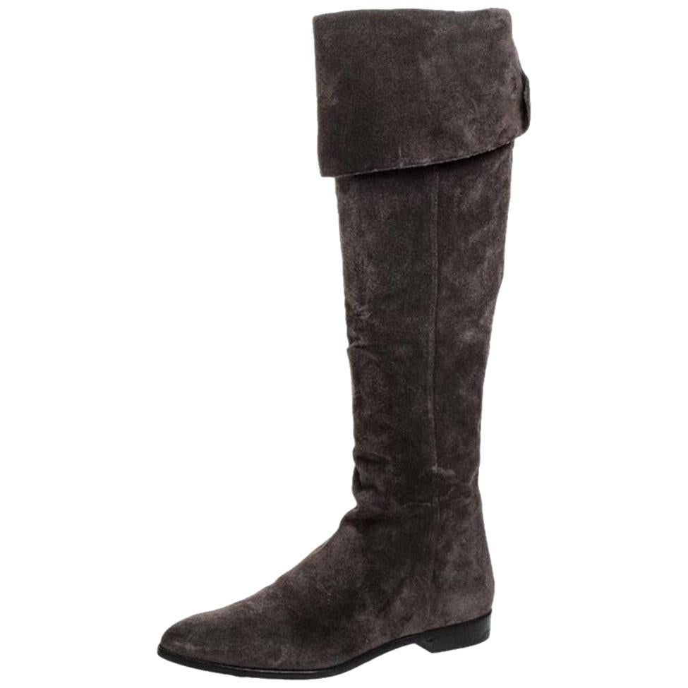 Prada Brown Suede Over The Knee Pointed Toe Flat Boots Size 37