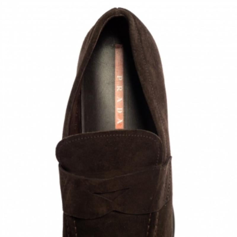 Prada Brown Suede Penny Loafers Size 44 In Good Condition For Sale In Dubai, Al Qouz 2