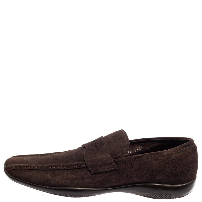 Prada Brown Suede Penny Loafers Size 44 For Sale at 1stDibs