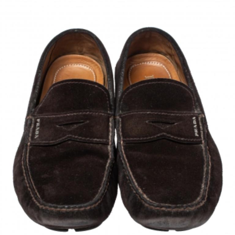 Black Prada Brown Suede Penny Slip On Loafers Size 43.5 For Sale