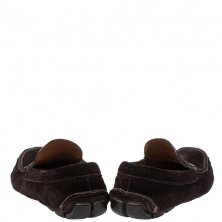 Prada Brown Suede Penny Slip On Loafers Size 43.5 In Fair Condition For Sale In Dubai, Al Qouz 2
