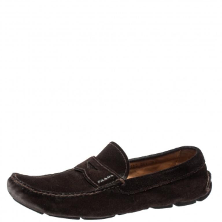 Men's Prada Brown Suede Penny Slip On Loafers Size 43.5 For Sale