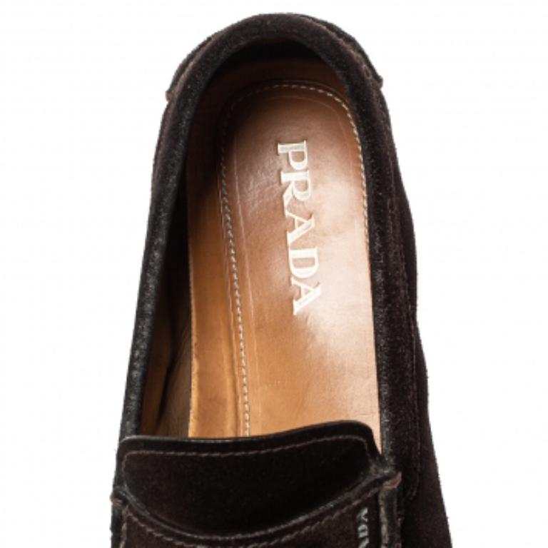 Prada Brown Suede Penny Slip On Loafers Size 43.5 For Sale 1