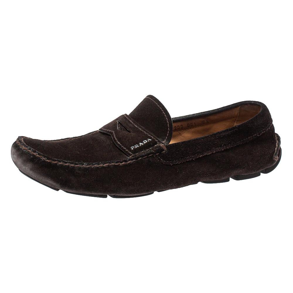 Prada Braun Wildleder Penny Slip auf Loafers Größe 43.5 im Angebot