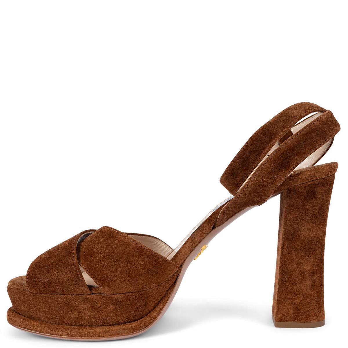 PRADA brown suede Platform Ankle Strap Sandals Shoes 40 In Excellent Condition For Sale In Zürich, CH
