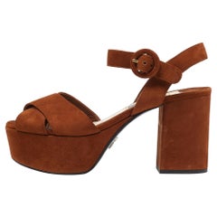 Prada Brown Suede Platform Block Heel Ankle Strap Sandals Size 36