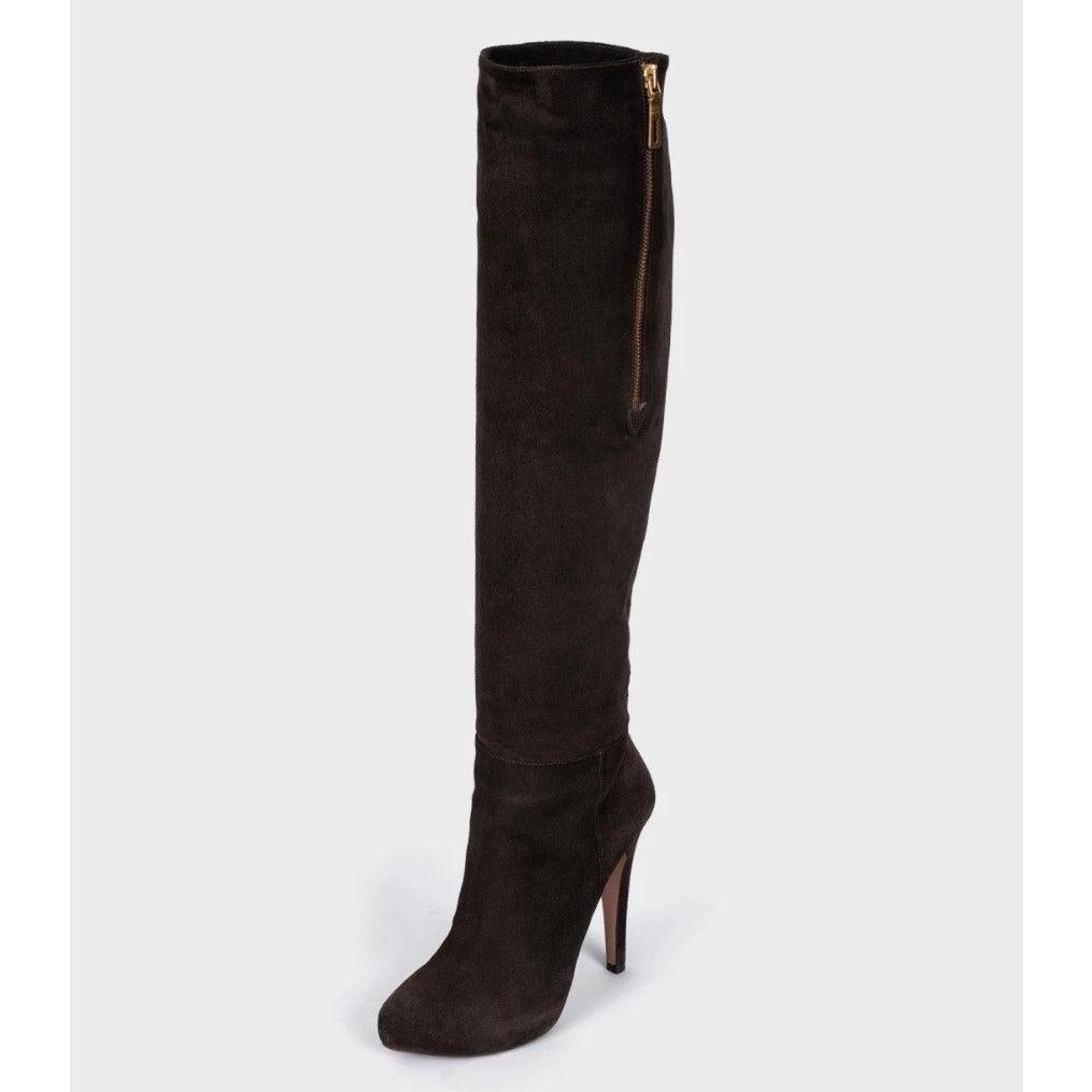 Noir Prada - Bottes pointues en daim marron - Taille 37,5 en vente