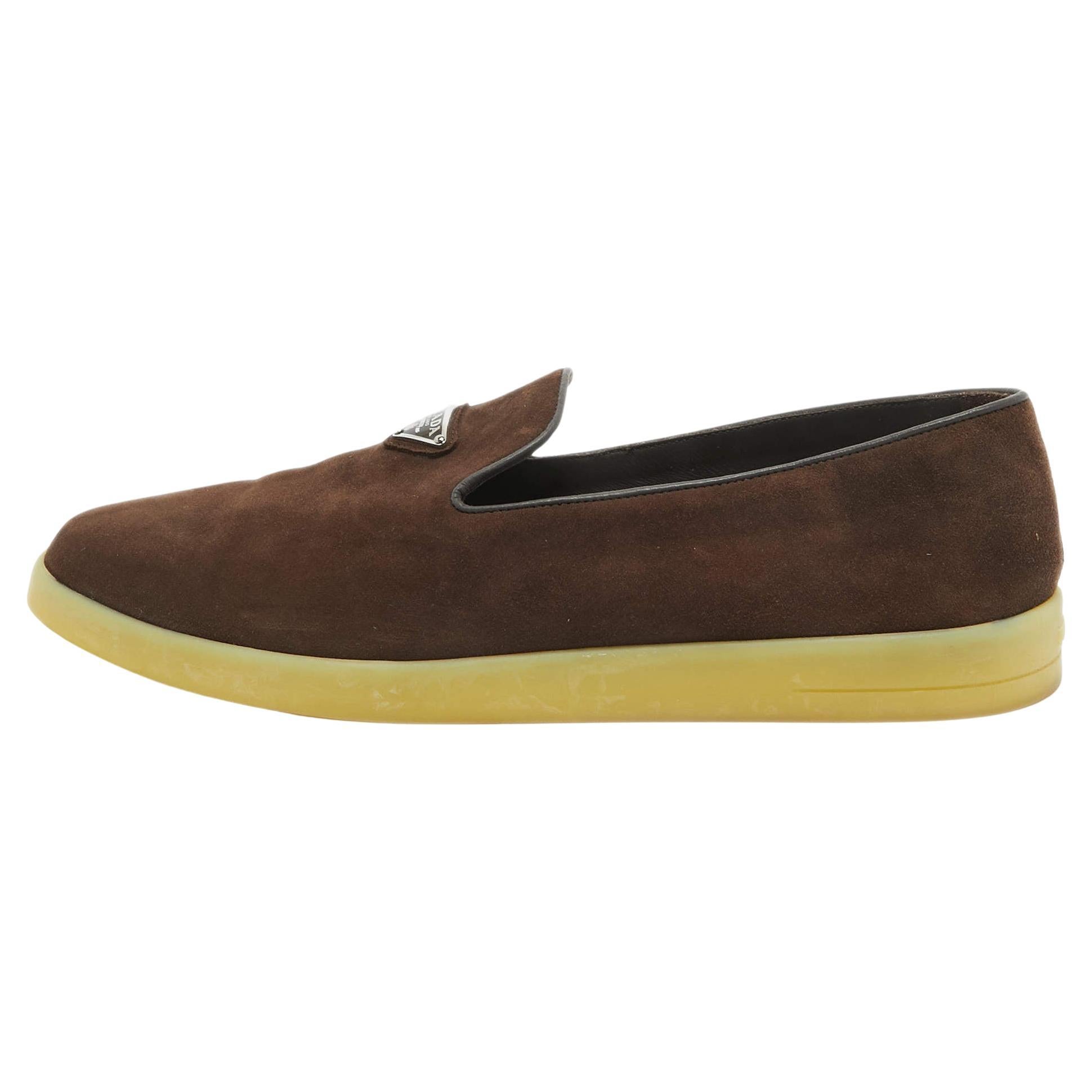 Prada Brown Suede Slip On Loafers Size 42 For Sale