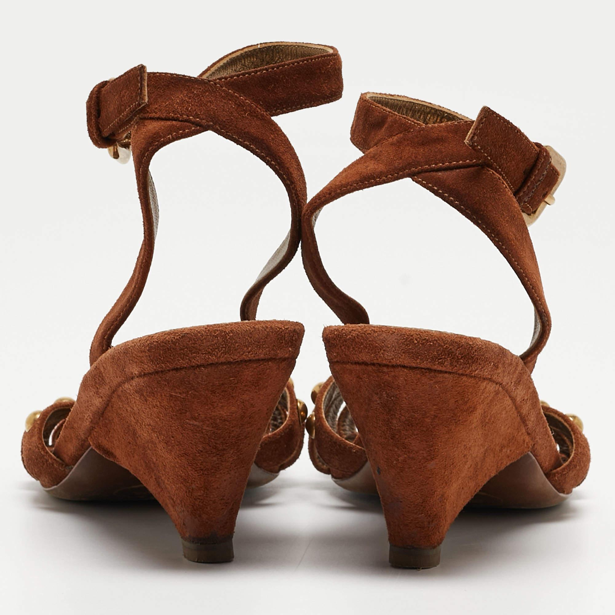 Prada Brown Suede Studded Wedge Ankle Strap Sandals Size 40.5 1