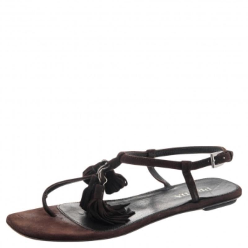 Prada Brown Suede Tassel Thong Sandals Size 37 In Fair Condition For Sale In Dubai, Al Qouz 2
