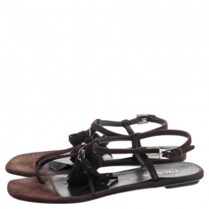 Prada Brown Suede Tassel Thong Sandals Size 37 For Sale 1