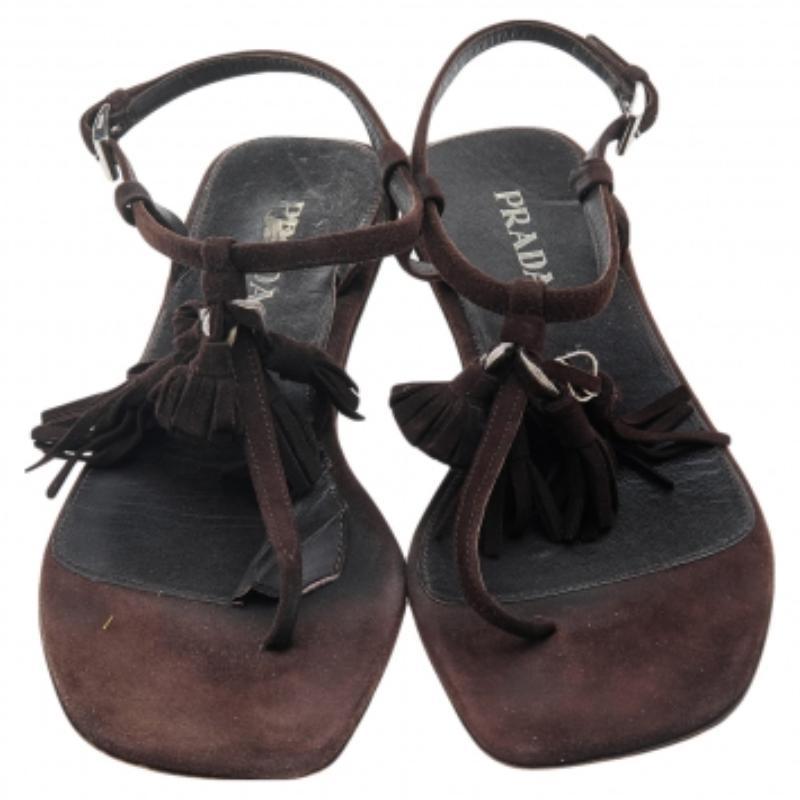Prada Brown Suede Tassel Thong Sandals Size 37 For Sale 2