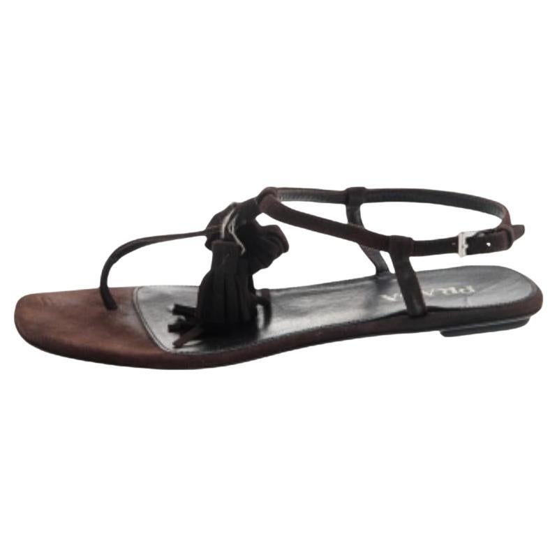Prada Brown Suede Tassel Thong Sandals Size 37 For Sale