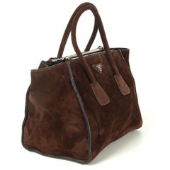 PRADA brown suede TWIN POCKET TOTE Mogano Scamosciato