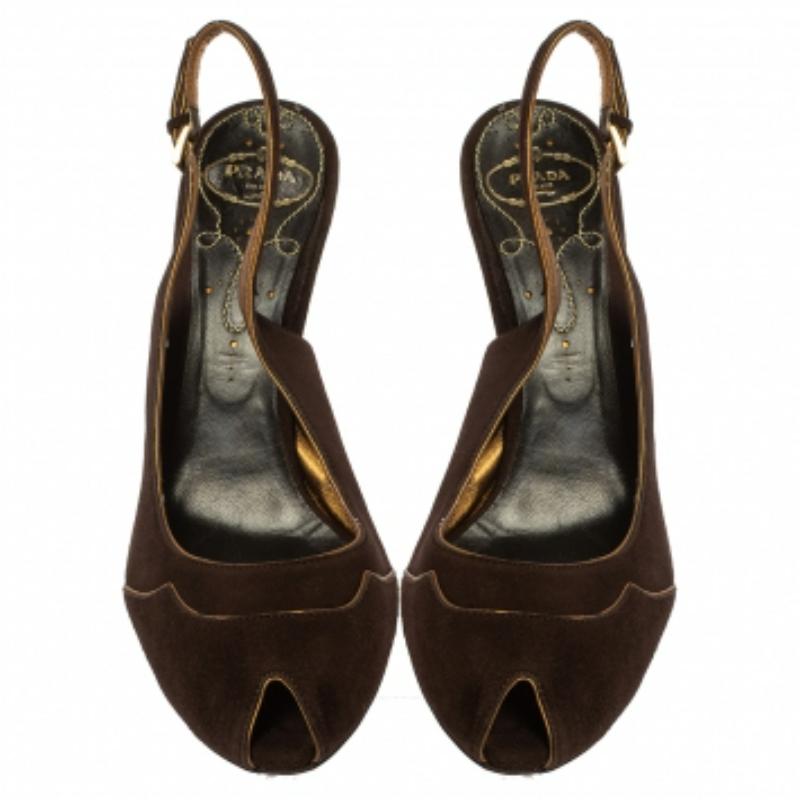 Prada Brown Suede Wedge Peep Toe Sandals Size 41 For Sale 2