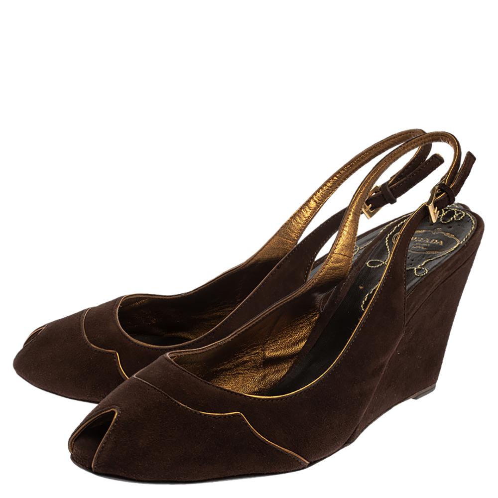 Prada Brown Suede Wedge Peep Toe Sandals Size 41 For Sale 1