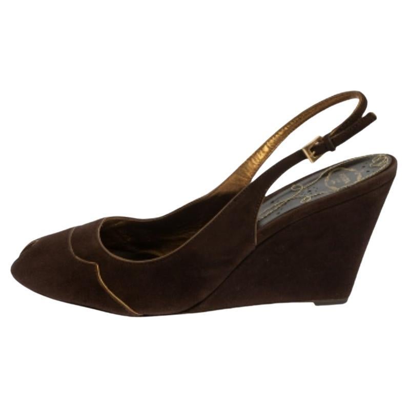 Prada Brown Suede Wedge Peep Toe Sandals Size 41 For Sale
