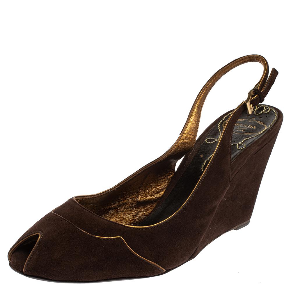 Prada Brown Suede Wedge Peep Toe Sandals Size 41 For Sale
