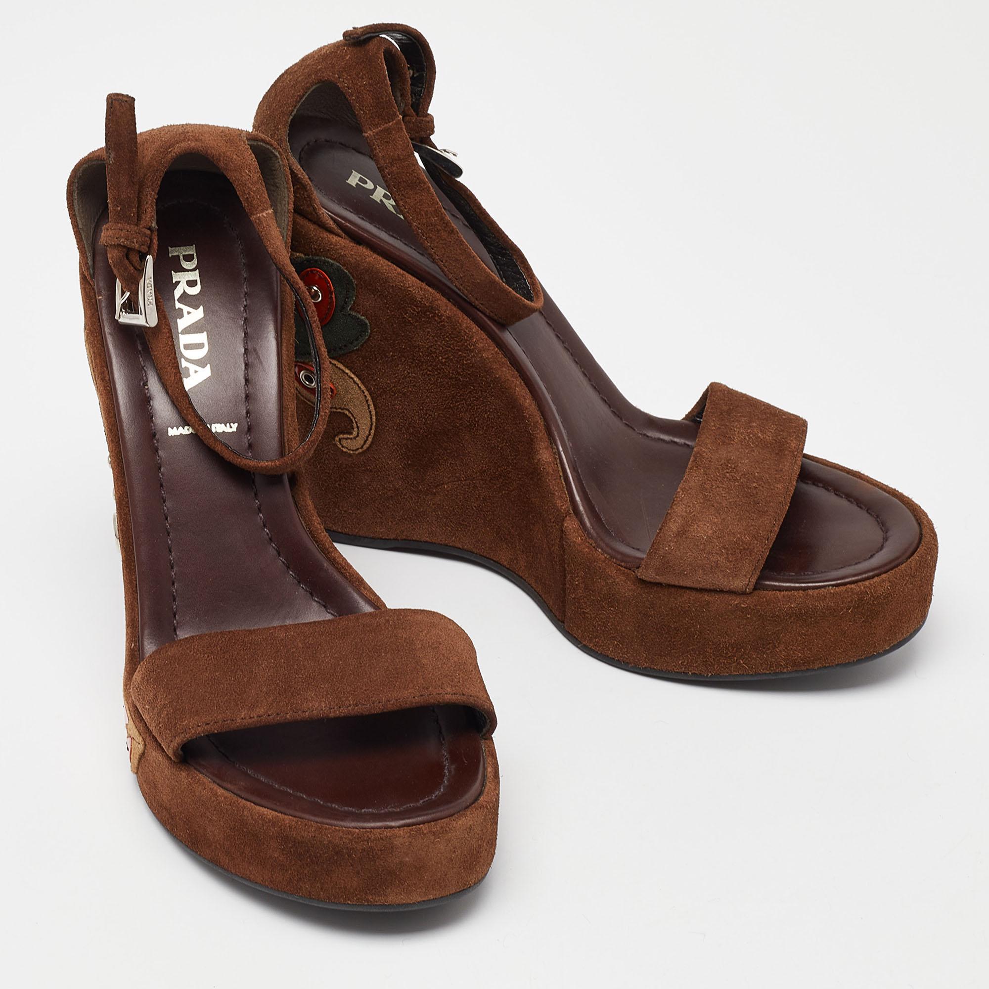 Women's Prada Brown Suede Wedge Platform Ankle Strap Sandals Size 36.5