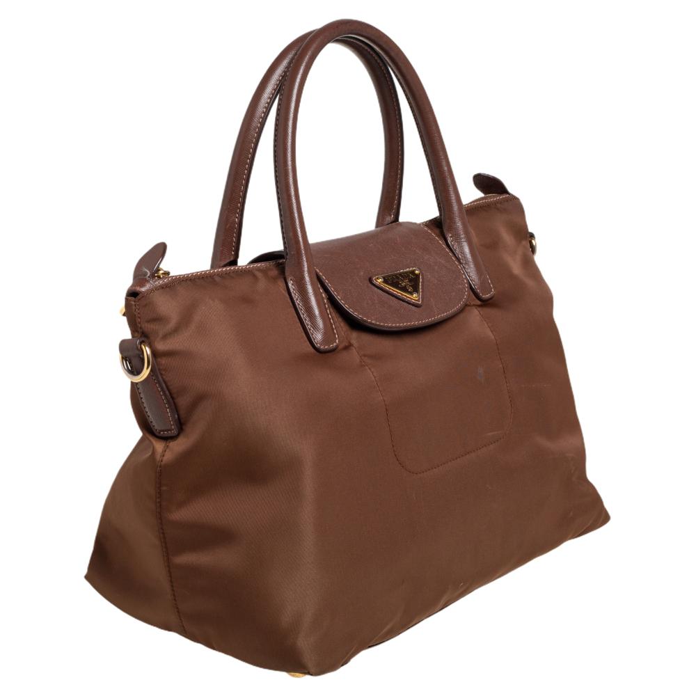 Prada Braune Tessuto-Tote aus Nylon und Saffiano-Leder mit Reißverschluss Damen