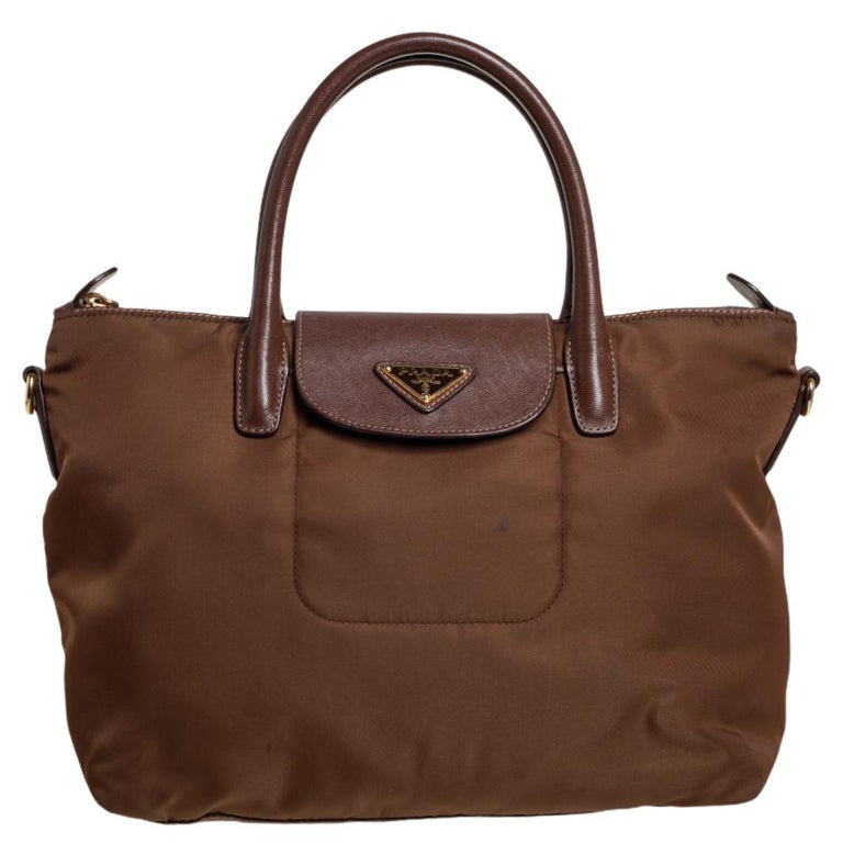 Prada Brown Tessuto Nylon and Saffiano Leather Zip Tote at 1stDibs | prada  brown bag