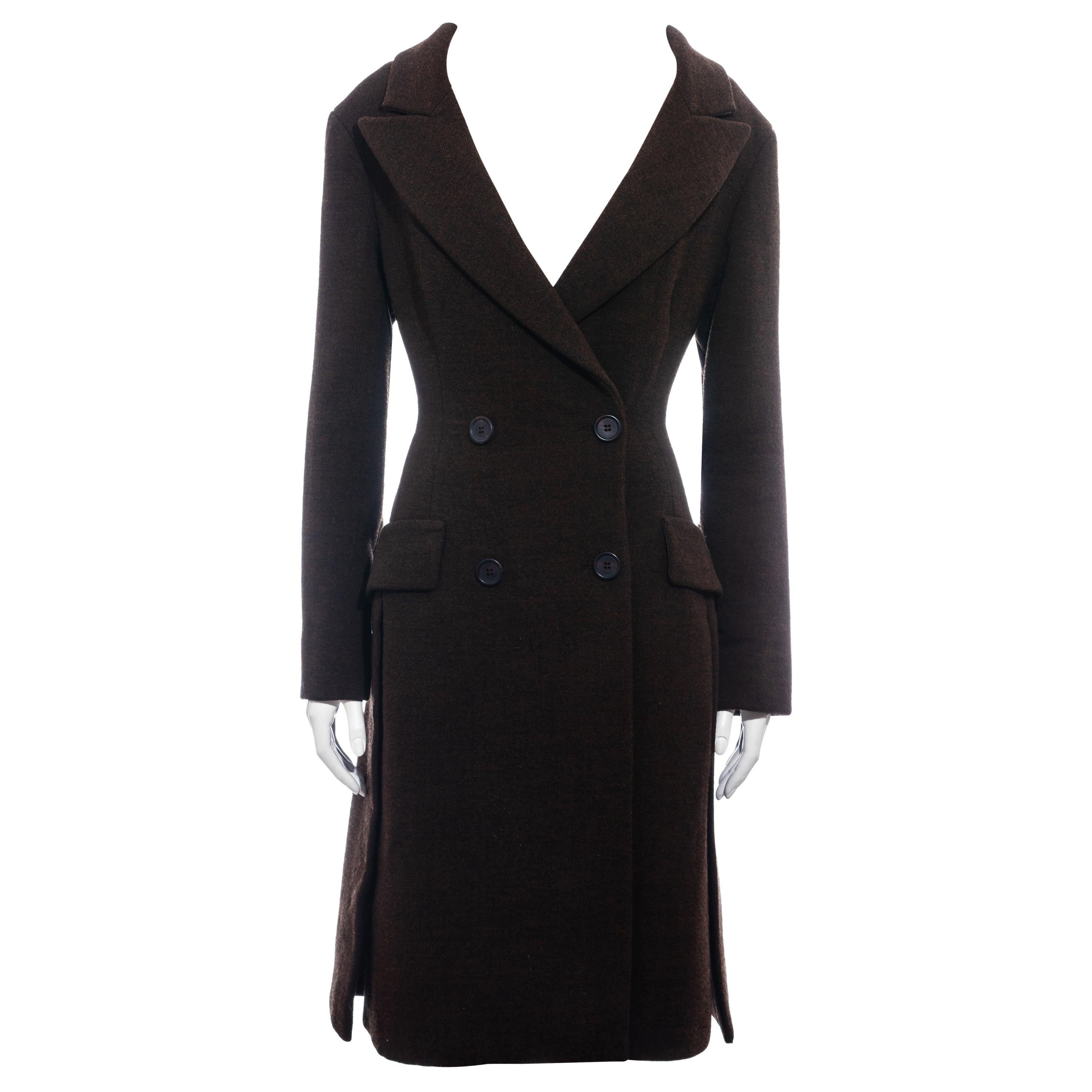Prada brown virgin wool off-shoulder double breasted coat, fw 2009