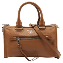 Prada Brown Vitello Daino Leather Front Zip Boston Bag