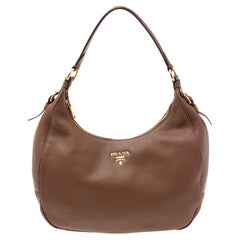 Prada Brown Vitello Daino Leather Logo Hobo