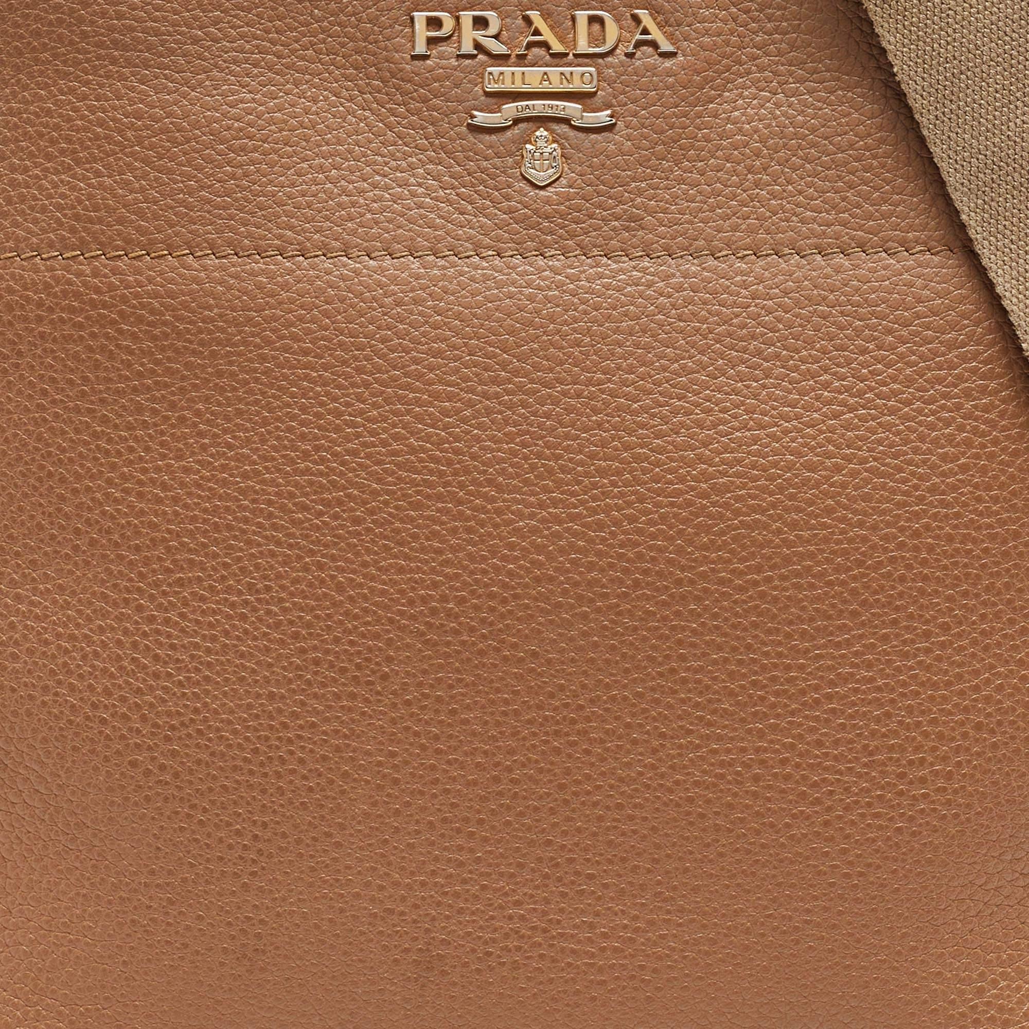 Prada Brown Vitello Daino Leather Logo Shoulder Bag For Sale 8